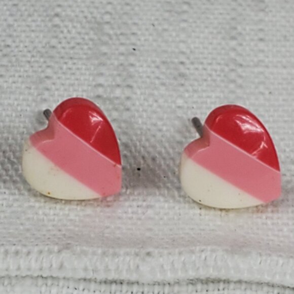 Tiny Pink Stripe White Heart Post Stud Earrings - Picture 1 of 6